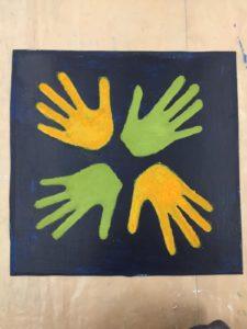Taulun taustan väri on musta ja neljä kädet näkyvillä taululla, käsien väri on kaksi vihreää ja kaksi keltainen