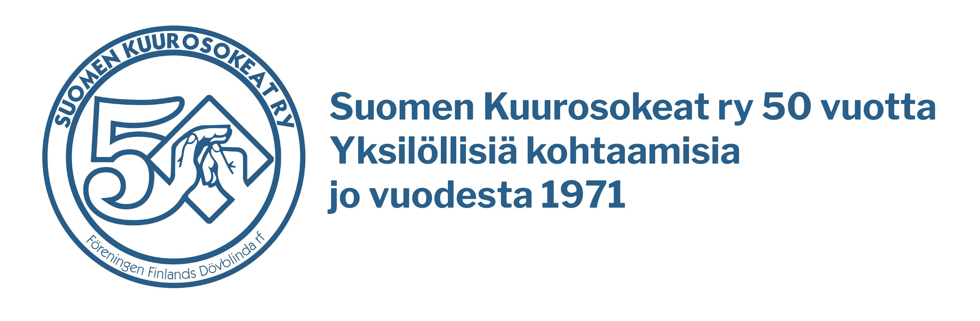 Juhlavuosi logo ja tekstiä "Suomen kuurosokeat ry 50 vuotta yksilöllisiä kohtaamisia jo vuodesta 1971"