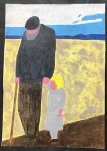 Taidemaalauksessa seisoo ihminen, jolla on kädessään valkoinen keppi. Hän on pukeutunut tummaan asuun. Taustalla näkyy taivasta ja ilmeisesti peltoa.