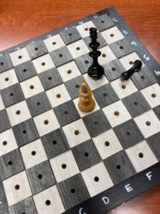 Kuvassa shakkilauta, jossa on musta ja valkoisia ruutuja. Lisäksi kaksi mustaa ja ruskea nappula. Ruuduissa on myös reikiä.