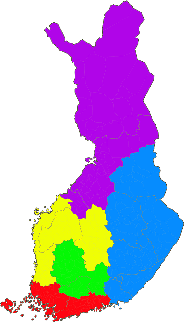 Suomen kartta, jossa aluetyöntekijöiden alueet merkitty väreillä.