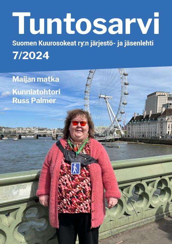 Tuntosarvi 7/2024 kansikuva. Kuvassa Maija ulkotakissa Lontoossa.