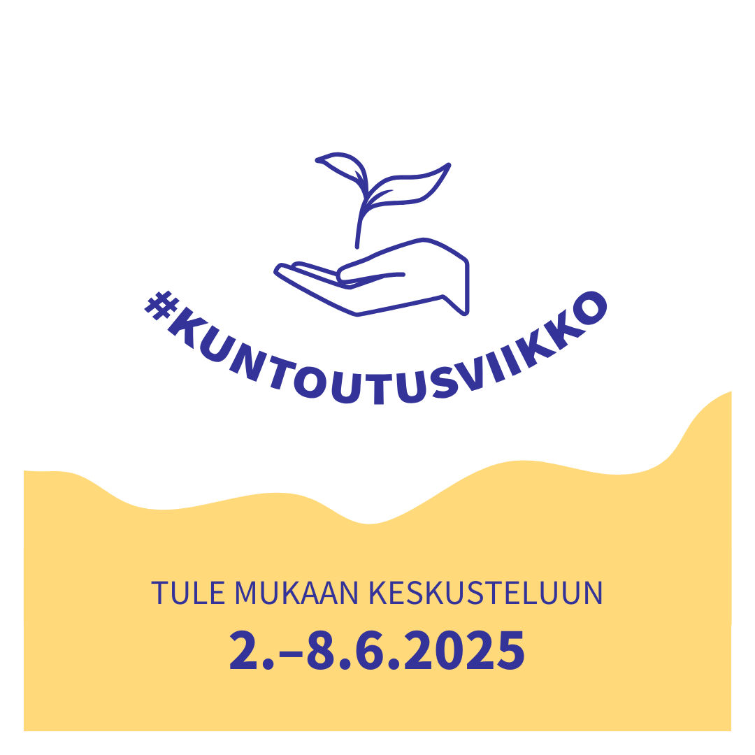 Kuntoutusviikon mainoslogo. Keskellä on käsi, josta nousee lehti. Teksti: #kuntoutusviikko, Tule mukaan keskusteluun 2.-8.6.2025.