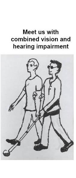 Brochure "Meet us with combined vision and hearing impairment". Person on the right is walking guided. He is wearing dark sunglasses and holds a white cane in his hand. 